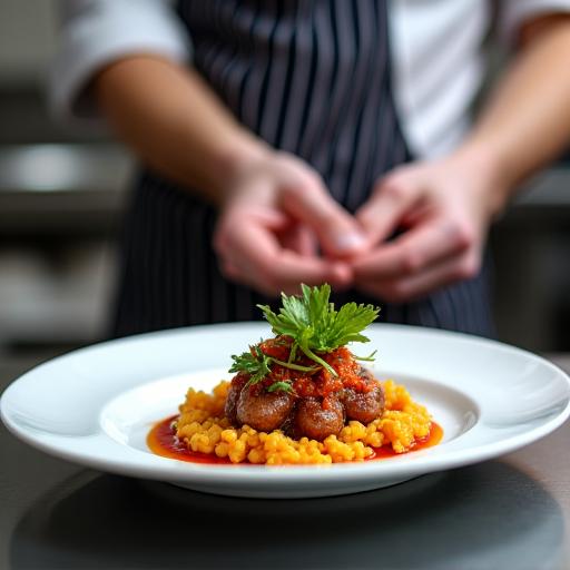 A professional chef elegantly plating a gourmet dish in a cooking studio.